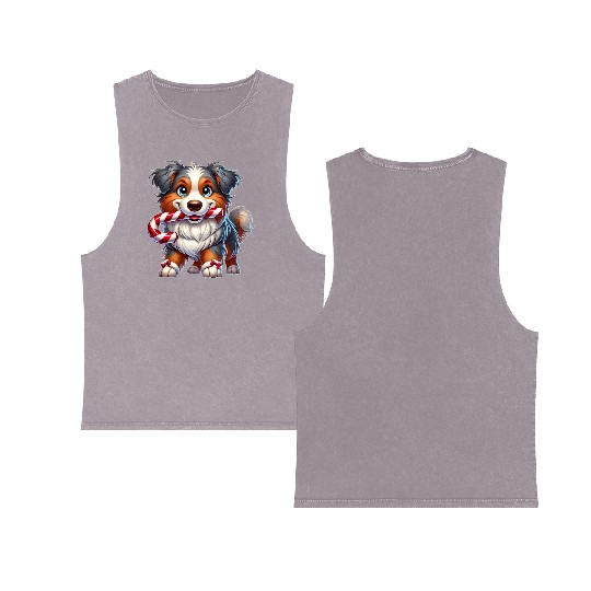 Cute Christmas Dog Australian Shepherd Double Sided Mineral Wash Tank Tops
