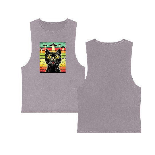 Fun Cat sunset Galaxy Cat Spaceship Alien Cat UFOs Double Sided Mineral Wash Tank Tops