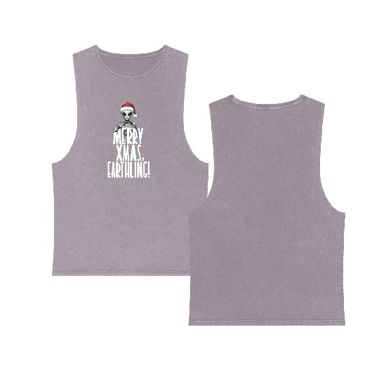 Happy Xmas Earthling Alien Christmas Double Sided Mineral Wash Tank Tops
