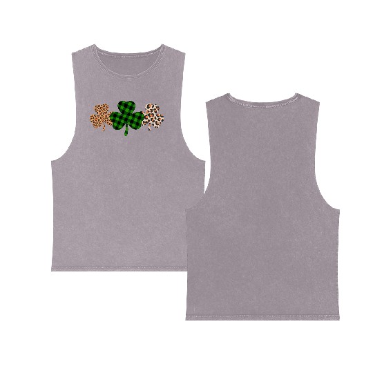 St Patricks Day Lucky Irish Green Plaid Shamrock Double Sided Mineral Wash Tank Tops