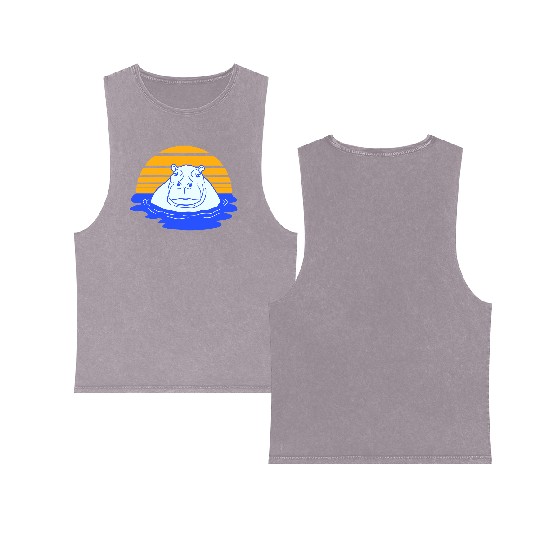 Hippo Swimming Water Sun Cute Happy Comic Cartoon Double Sided Mineral Wash Tank Tops