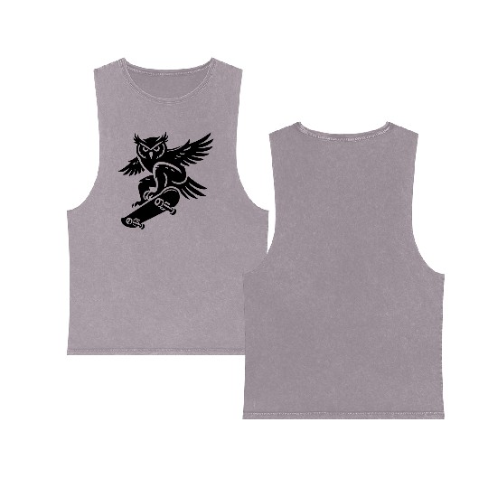 Snow Owl Skateboard Silhouette Minimalist Style Double Sided Mineral Wash Tank Tops