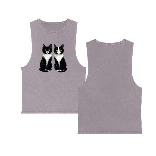 Elegant Black and White Cat Illustration Double Sided Mineral Wash Tank Tops