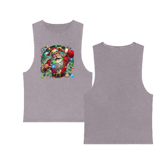 Funny Christmas Santa: Tangled in Lights Double Sided Mineral Wash Tank Tops