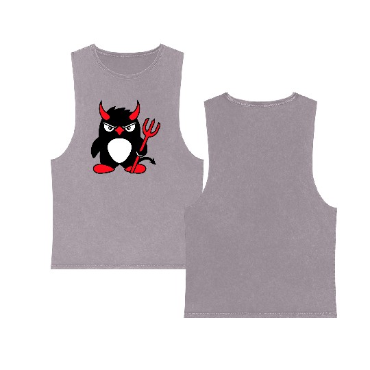 Penguin Devil Horns Trident Hell Evil Cool Satan Double Sided Mineral Wash Tank Tops