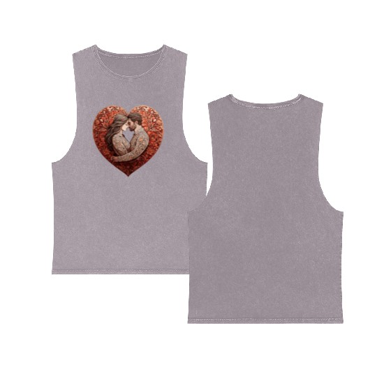 Romantic Couple Embracing in Floral Valentine Hear Double Sided Mineral Wash Tank Tops