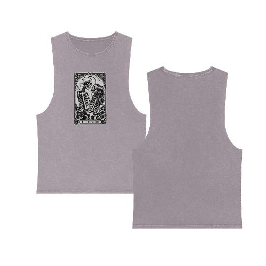 Vintage Gothic Skeleton Couple Tarot Card with Double Sided Mineral Wash Tank Tops