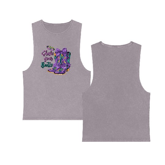 Shake Your Bootie | Mardi Gras Cowboy Boots Double Sided Mineral Wash Tank Tops
