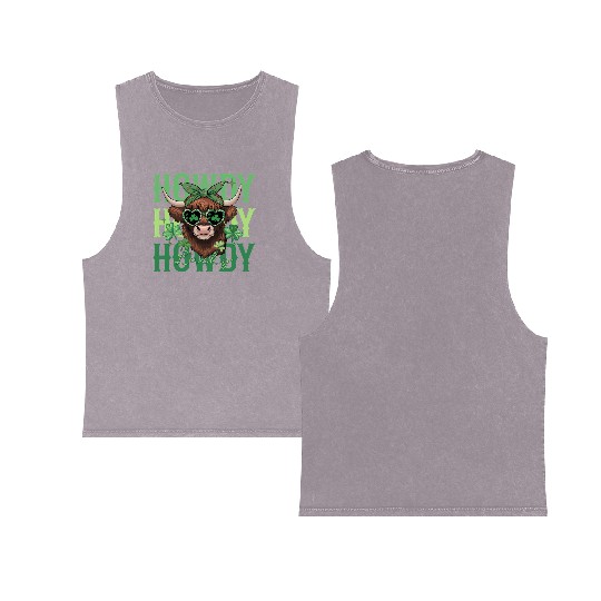 Howdy Howdy Lucky Highland Cow St Patricks Day Double Sided Mineral Wash Tank Tops