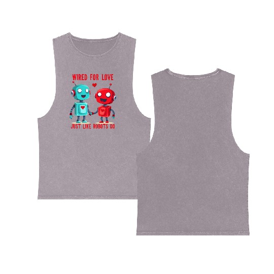 Valentine's Day Gift: Two Robots in Love on Bella Double Sided Mineral Wash Tank Tops