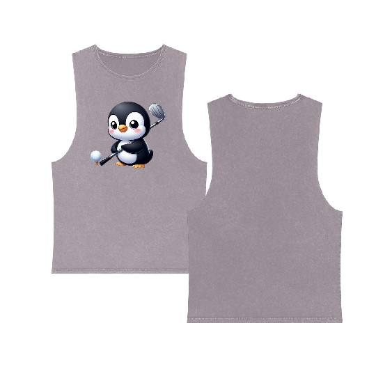 Cute Penguin Golfer Cartoon Quirky Funny Double Sided Mineral Wash Tank Tops