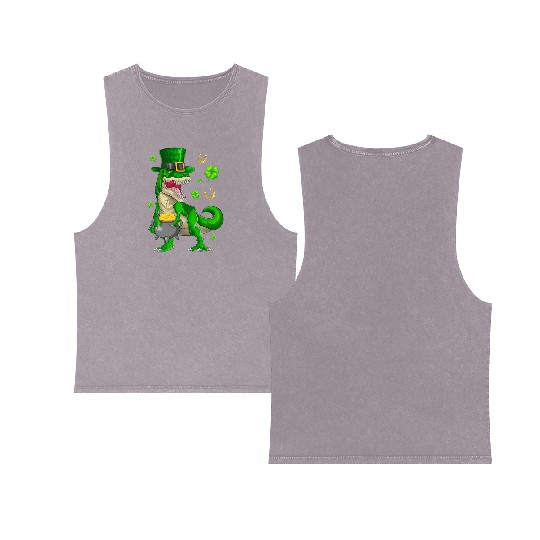 Happy St Patricks Day Dinosaur T-Rex Double Sided Mineral Wash Tank Tops