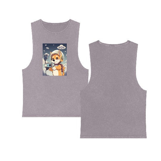 Funny Dog Rescue Anime Selfie with UFOs Weird Double Sided Mineral Wash Tank Tops