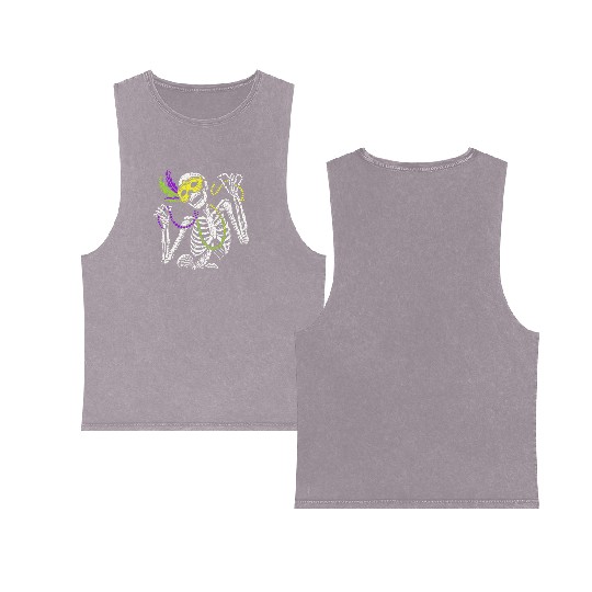 Mardi Gras Skeleton with Beads and Mask Double Sided Mineral Wash Tank Tops