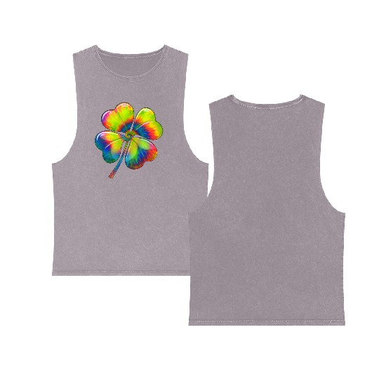 Tie Dye Shamrock Lucky Four Leaf Clover St Patrick Double Sided Mineral Wash Tank Tops
