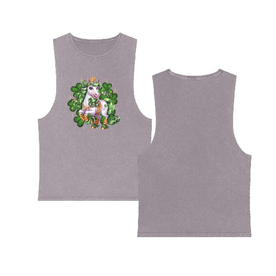St. Patrick's Day Unicorn Funny Lucky Unicorn Double Sided Mineral Wash Tank Tops