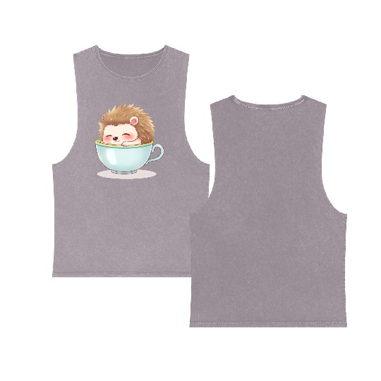 Cute hedgehog relaxing in a light blue cup Double Sided Mineral Wash Tank Tops