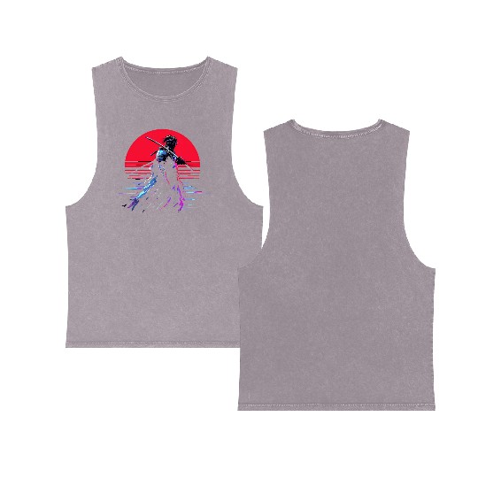 Cyberpunk Samurai Warrior Under Neon Moon Double Sided Mineral Wash Tank Tops