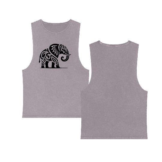 Elegant Tattoo Elephant With Large Tusks Double Sided Mineral Wash Tank Tops