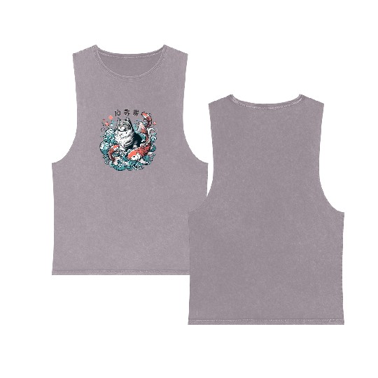 Flow with Grace - Majestic Cat & Koi Fish Double Sided Mineral Wash Tank Tops