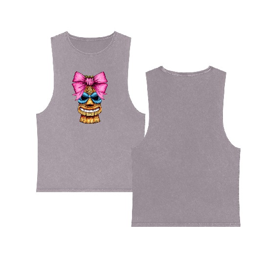 Coquette Bow Tiki Luau Hawaiian Hawaii Tiki Mask Double Sided Mineral Wash Tank Tops