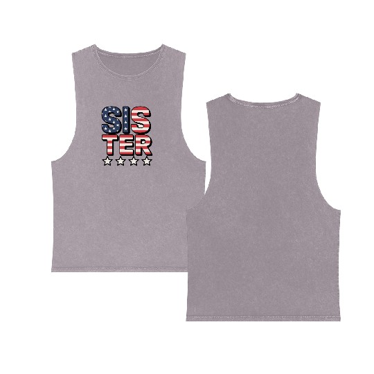 Sister American Flag Stars and Stripes Design Double Sided Mineral Wash Tank Tops