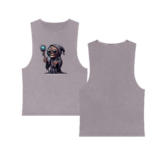 Cosmic Skull Wizard – Creepy Arcane Sorcerer Double Sided Mineral Wash Tank Tops