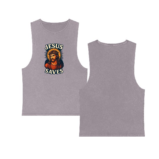 Jesus Saves Double Sided Mineral Wash Tank Tops Design | Bold Semi-Realistic