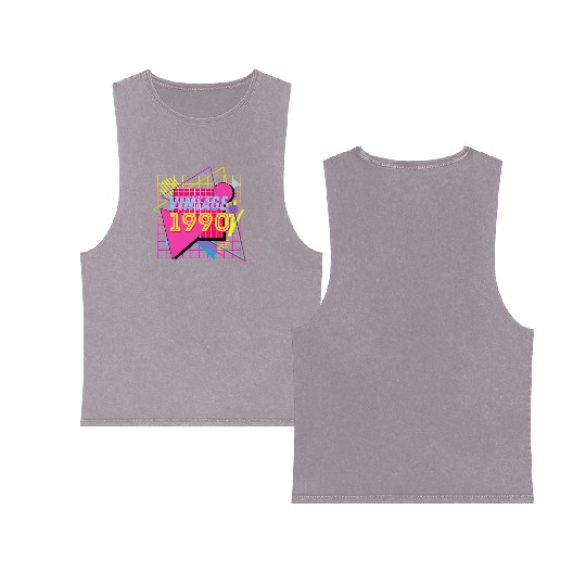 1990 Birthday Gift Retro Neon 90s Style Double Sided Mineral Wash Tank Tops