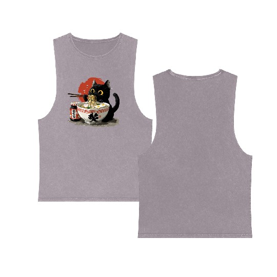 Black Cat Eating Ramen Japanese Funny Cat Double Sided Mineral Wash Tank Tops