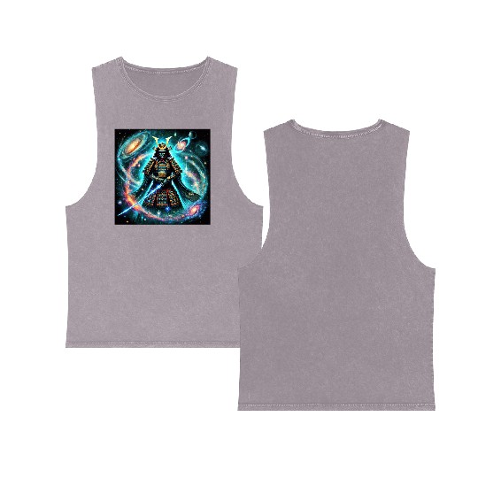 Celestial Samurai Warrior Galaxy Sword Art Double Sided Mineral Wash Tank Tops