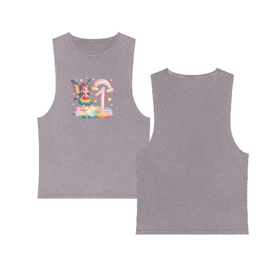Magical Rainbow Fairy Elf 1st Birthday Girl Double Sided Mineral Wash Tank Tops