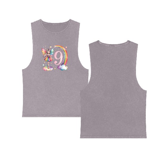 Magical Rainbow Fairy Elf 9th Birthday Girl Double Sided Mineral Wash Tank Tops