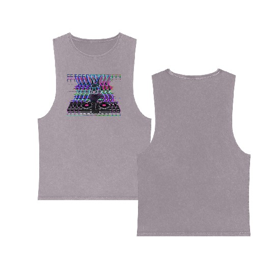 Cyberpunk Neon Beat DJ Rabbit Double Sided Mineral Wash Tank Tops