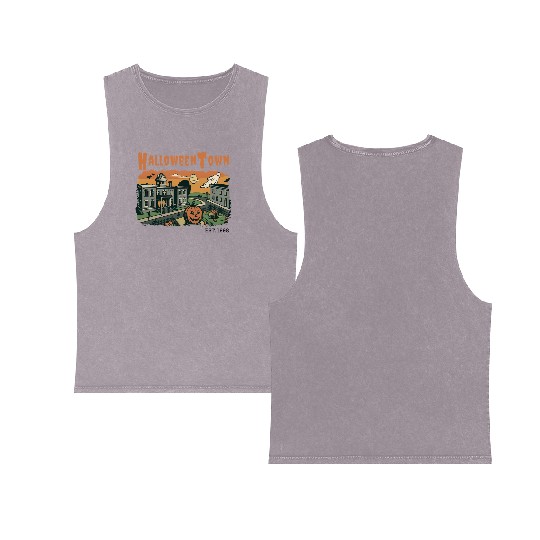 Halloweentown Spooky Sunset Scene – Vintage Hallow Double Sided Mineral Wash Tank Tops