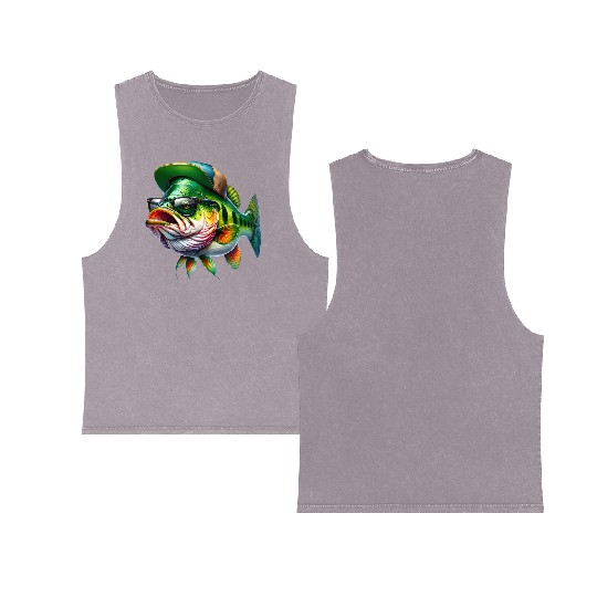 Cool Bass Fish with Green Hat and Glasses Double Sided Mineral Wash Tank Tops