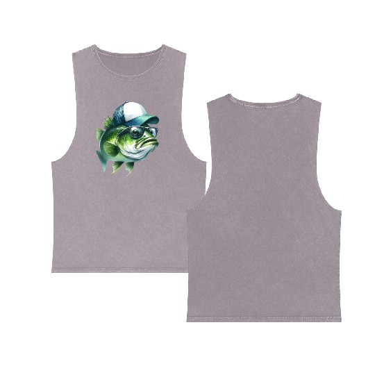 Cool Green Bass with Trucker Hat and Sunglasses Double Sided Mineral Wash Tank Tops