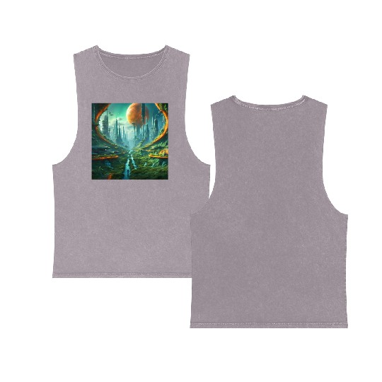 Futuristic Urban Landscape with Alien Sky Double Sided Mineral Wash Tank Tops