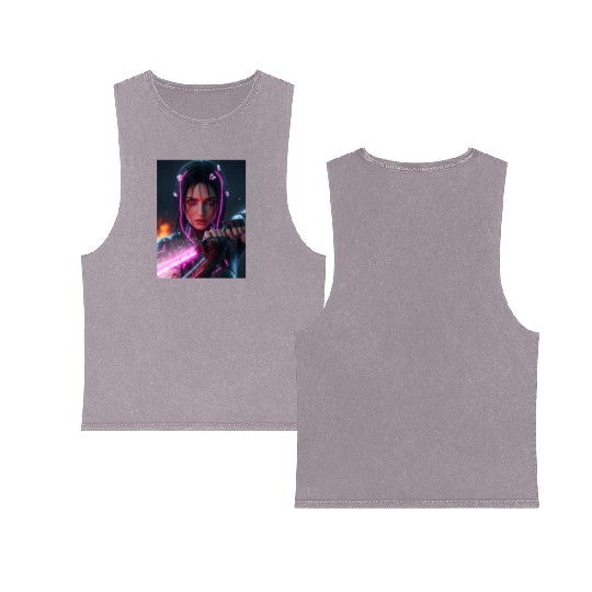 Cyberpunk Samurai Girl Double Sided Mineral Wash Tank Tops