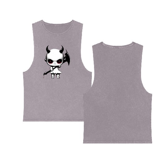 Cute Demon Baby with Horns and Bat Wings Double Sided Mineral Wash Tank Tops