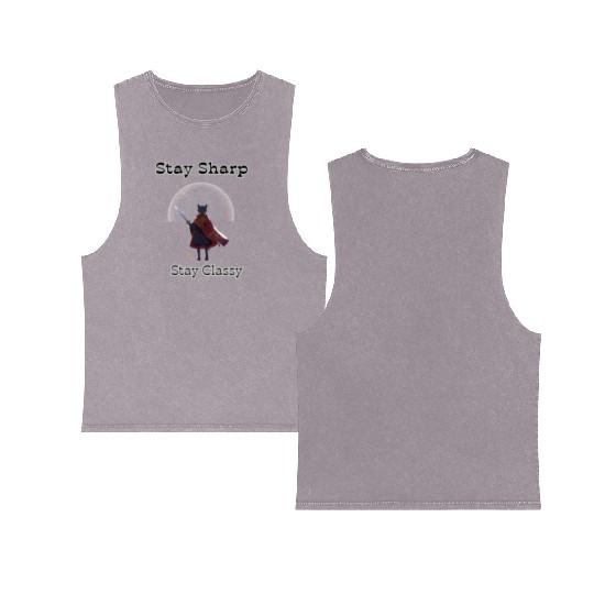 Elegant Cat Warrior with Sword Illustration Double Sided Mineral Wash Tank Tops