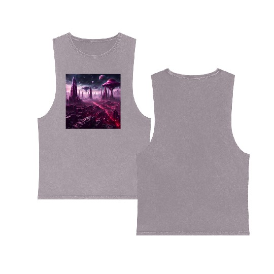 Sci-Fi Future World And Alien City in Neon Pink Double Sided Mineral Wash Tank Tops