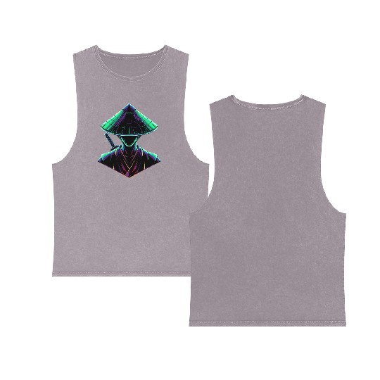 Cyber Samurai Neon Illustration Double Sided Mineral Wash Tank Tops