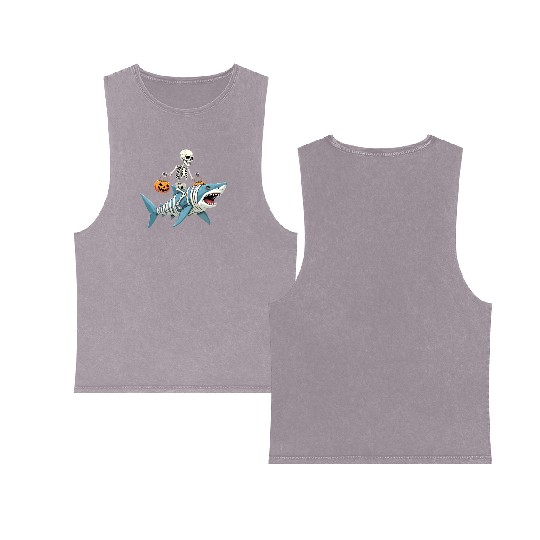 Skeleton Riding Shark Mummy Funny Halloween Double Sided Mineral Wash Tank Tops