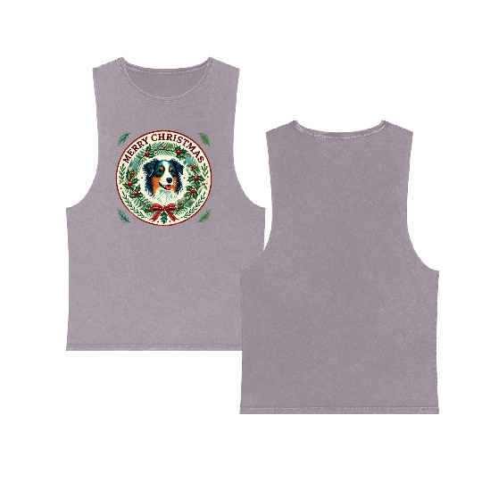 Merry Christmas Australian Shepherd Double Sided Mineral Wash Tank Tops