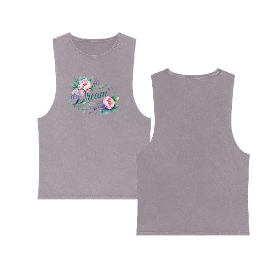 Elegant Floral 'Dream' Typography Design Double Sided Mineral Wash Tank Tops