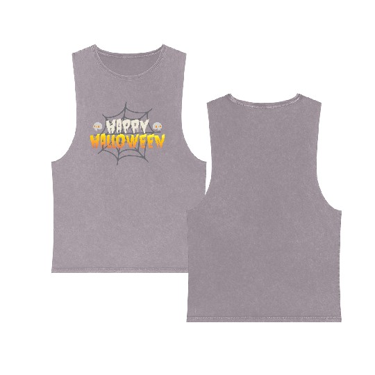 Happy Halloween with Spiderweb and Skulls Double Sided Mineral Wash Tank Tops