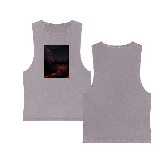 Nighttime Bridge and Cherry Blossom Scene Double Sided Mineral Wash Tank Tops