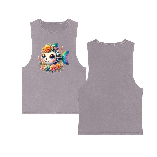 Whimsical Skeleton Fish with Floral Crown Double Sided Mineral Wash Tank Tops
