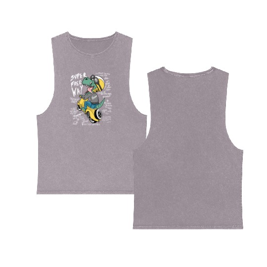 Dinosaur Racer with Streetwear Vibe Double Sided Mineral Wash Tank Tops